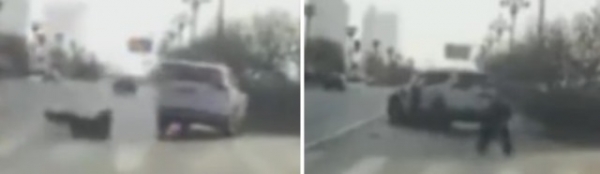 На видео засняли человека, внезапно выпавшего из ниоткуда на дорогу 